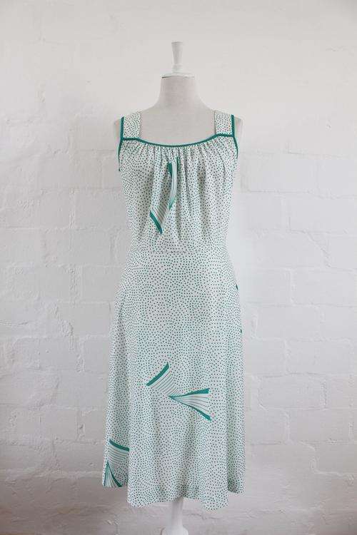 VINTAGE POLKA DOT PRINT GREEN WHITE DAY DRESS - SIZE 14