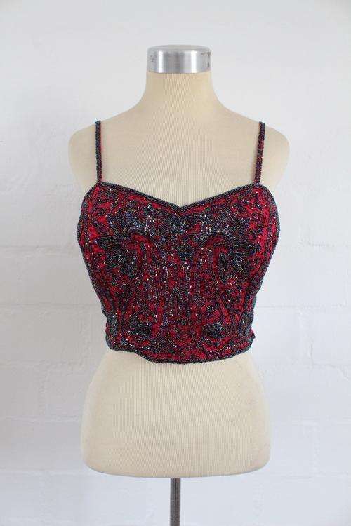 VINTAGE BEADED PINK CROPPED TOP - SIZE LARGE