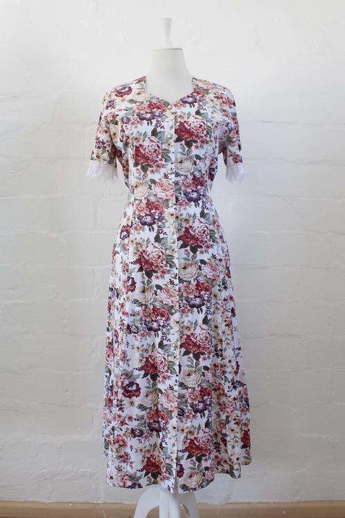 VINTAGE FLORAL PRINT LACE TRIM BUTTON DOWN DAY DRESS - SIZE 12