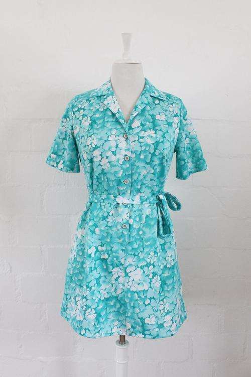 VINTAGE MINT GREEN WHITE FLORAL PRINT TIE WAIST MINI DRESS - SIZE 12