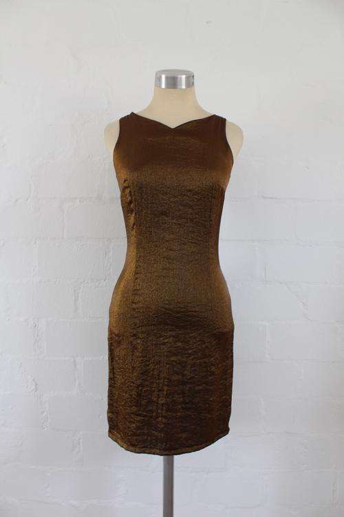 VINTAGE BRONZE METALLIC SLEEVELESS FITTED COCKTAIL DRESS - SIZE 8