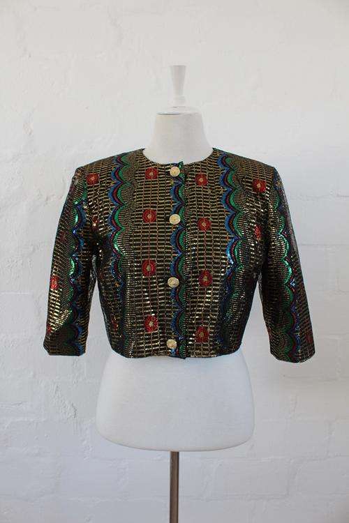 VINTAGE GOLD LAME CROPPED 3/4 SLEEVE JACKET TOP - SIZE 14