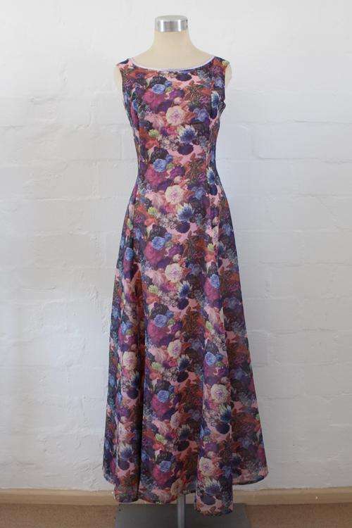 VINTAGE FLORAL PRINT PURPLE MAXI COCKTAIL DRESS - SIZE 8