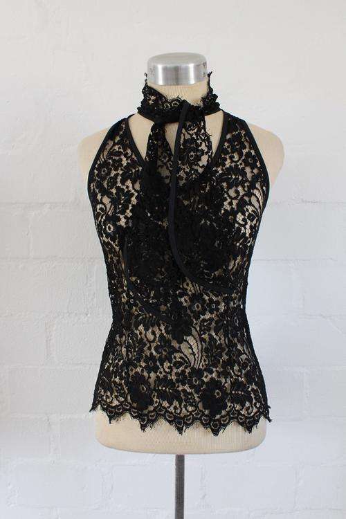 *CLAUDIA KREBSER* BLACK SHEER LACE TIE NECK BLOUSE TOP SHIRT - SIZE 8
