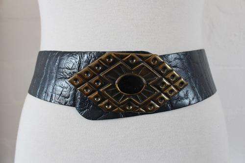 VINTAGE NAVY BLUE GENUINE LEATHER CHUNKY BRASS BUCKLE BELT