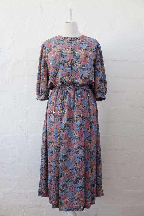 VINTAGE FLORAL PRINT BLUE DAY DRESS - SIZE 16