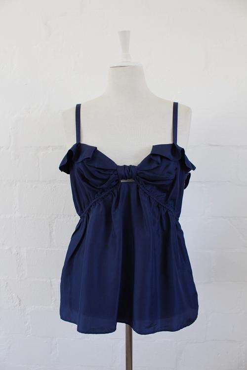 *COUNTRY ROAD* 100% SILK NAVY BLUE RUFFLE TOP BLOUSE - SIZE LARGE