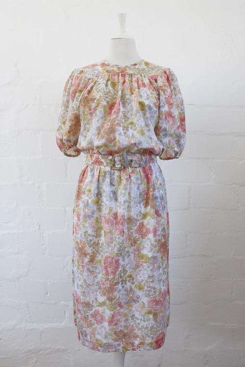 VINTAGE FLORAL PRINT PINK WHITE BELTED DAY DRESS - SIZE 16