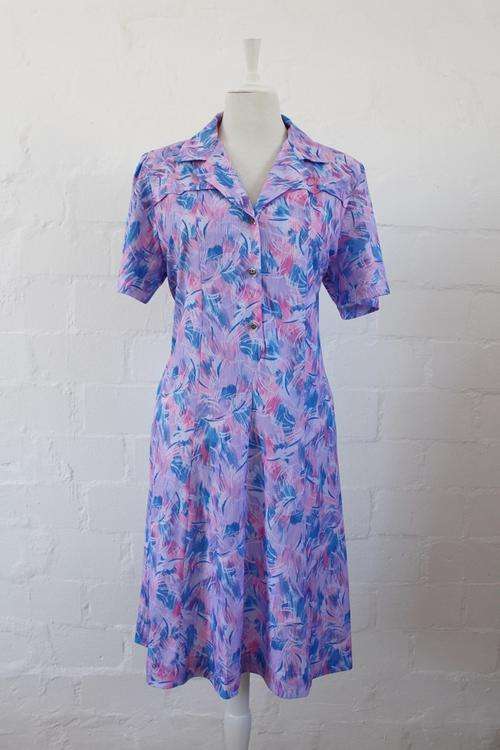 VINTAGE PINK PURPLE PRINTED DAY DRESS - SIZE 16