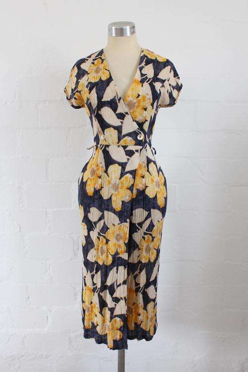 VINTAGE FLORAL BLUE YELLOW PRINTED CATSUIT JUMPSUIT - SIZE 10