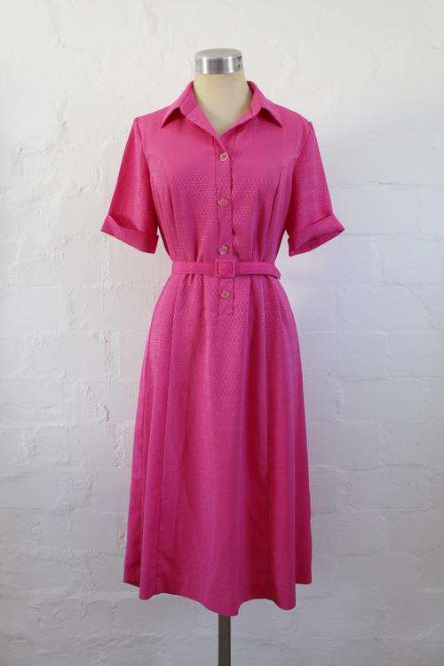 VINTAGE PINK BELTED DAY DRESS - SIZE 14