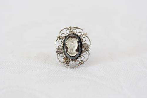 VINTAGE FAUX CAMEO SILVER PLATED FILIGREE COCKTAIL RING - ADJUSTABLE