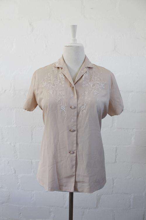 VINTAGE FLORAL EMBROIDERED BROWN SHORT SLEEVE SHIRT TOP BLOUSE - SIZE 12