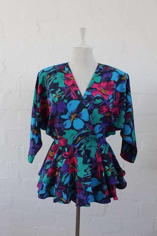 VINTAGE FLORAL BLUE GREEN PEPLUM WRAP BLOUSE SHIRT TOP - SIZE 10