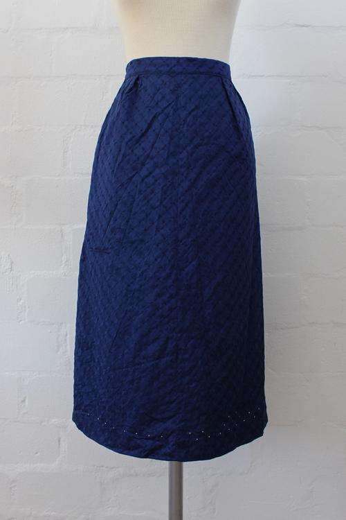 VINTAGE BRODERIE ANGLAISE EMBROIDERY BLUE HIGH WAIST MIDI SKIRT - SIZE 10