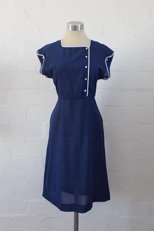 VINTAGE NAVY WHITE CONTRAST DAY DRESS - SIZE 10
