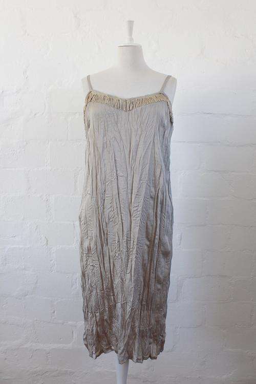 CRINKLED CHAMPAGE FRINGED DRESS - SIZE 12