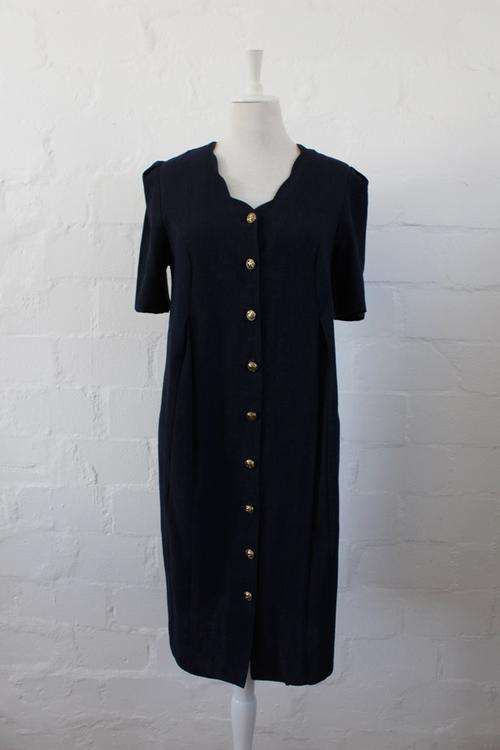 VINTAGE NAVY BLUE BUTTON DOWN DAY DRESS - SIZE 12