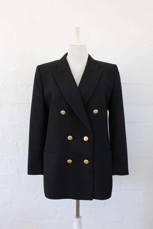 VINTAGE 100% WOOL BLACK DOUBLE BREASTED BLAZER JACKET - SIZE 14