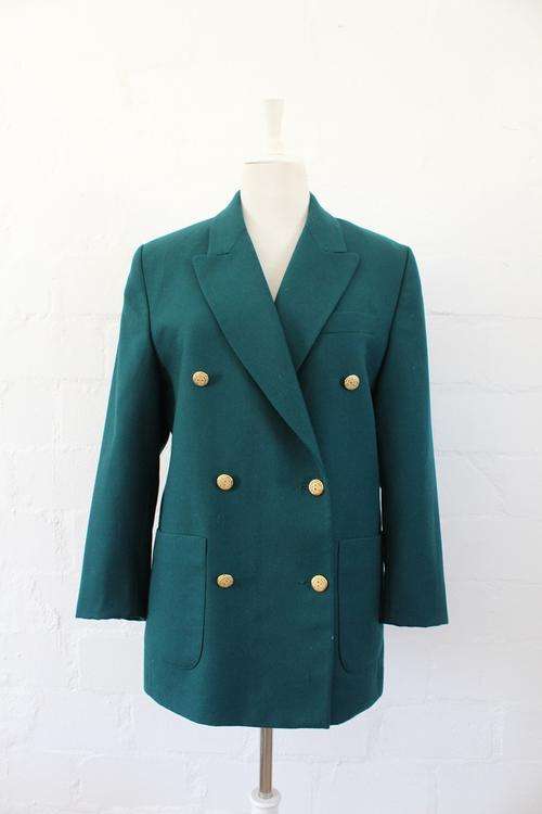 VINTAGE 100% WOOL GREEN DOUBLE BREASTED BLAZER JACKET - SIZE 12