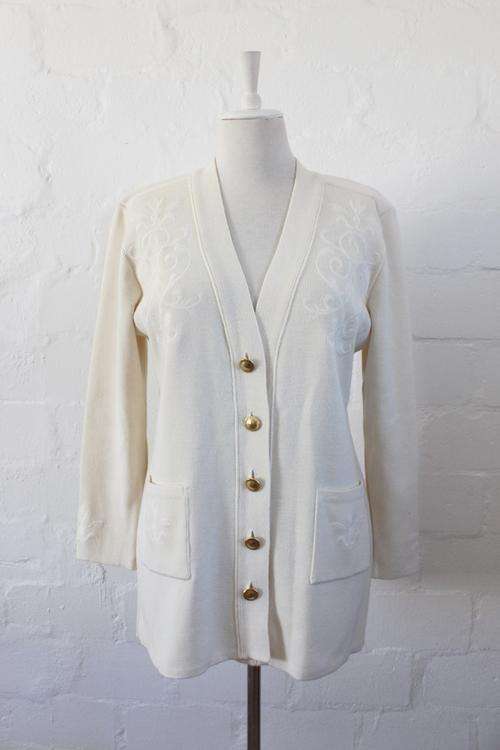 *FABRICE KAREL PARIS* DESIGNER VINTAGE CREAM WOOL CARDIGAN JERSEY - SIZE LARGE