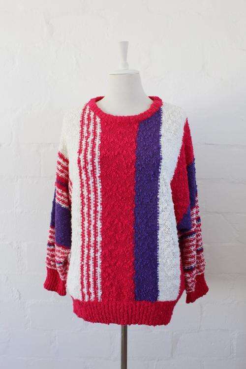 VINTAGE PINK WHITE STRIPED CHUNKY KNITTED JERSEY SWEATER - SIZE LARGE