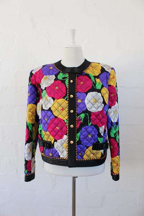*DAVID MOLHO PARIS* DESIGNER SILK VINTAGE FLORAL QUILTED JACKET COAT - SIZE 14