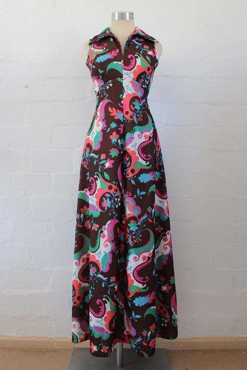 VINTAGE FLORAL PRINT BROWN MAXI DRESS - SIZE 8