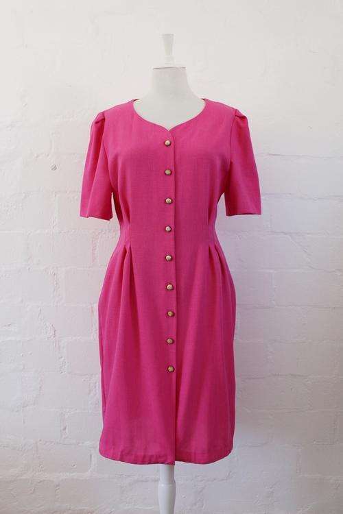 VINTAGE HOT PINK BUTTON DOWN DAY DRESS - SIZE 12