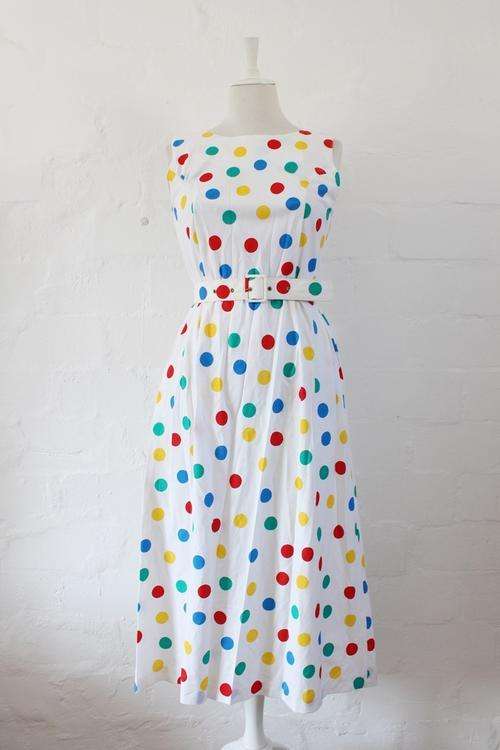 VINTAGE POLKA DOT PRINTED WHITE BELTED DAY DRESS - SIZE 12