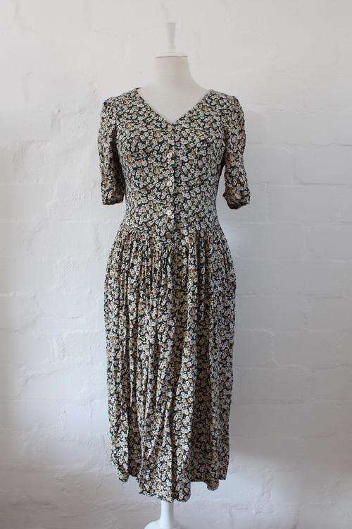 VINTAGE DAISY FLORAL PRINT BUTTON DOWN DAY DRESS - SIZE 10