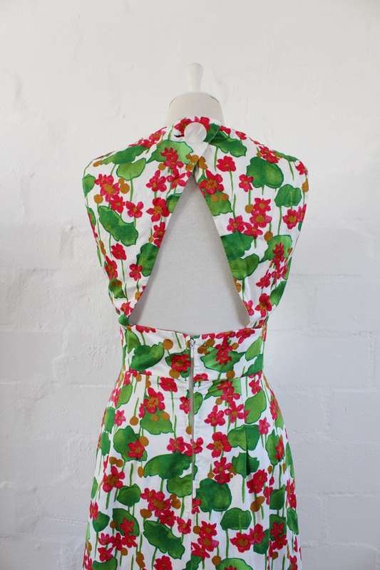 VINTAGE FLORAL PINK GREEN WHITE MAXI LONG OPEN BACK DRESS - SIZE 8