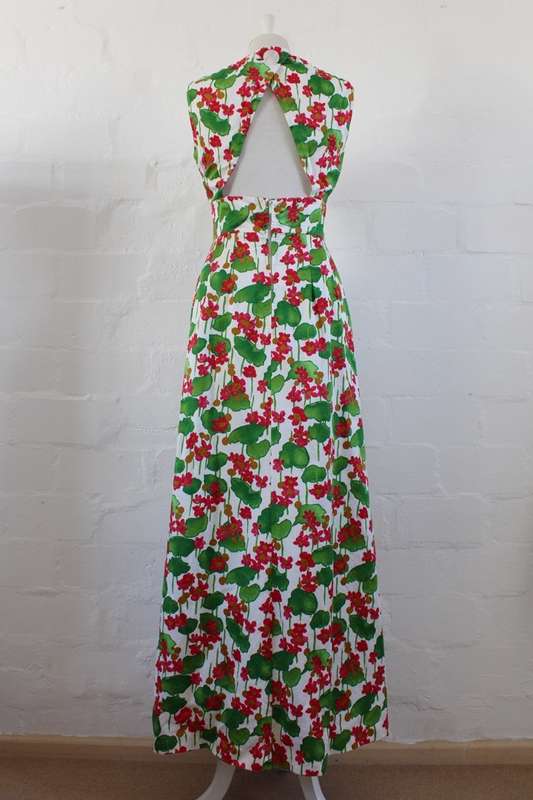 VINTAGE FLORAL PINK GREEN WHITE MAXI LONG OPEN BACK DRESS - SIZE 8