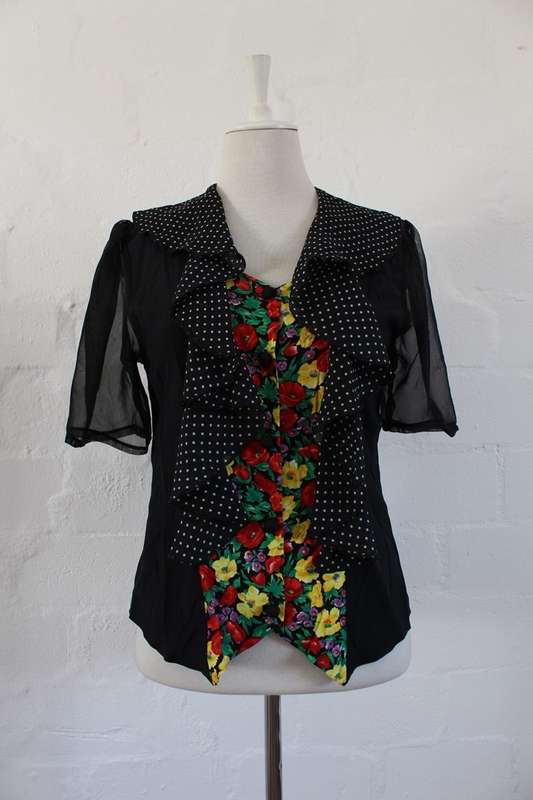 VINTAGE BLACK FLORAL POLKA DOT PRINTED BLOUSE SHIRT TOP - SIZE 8/10