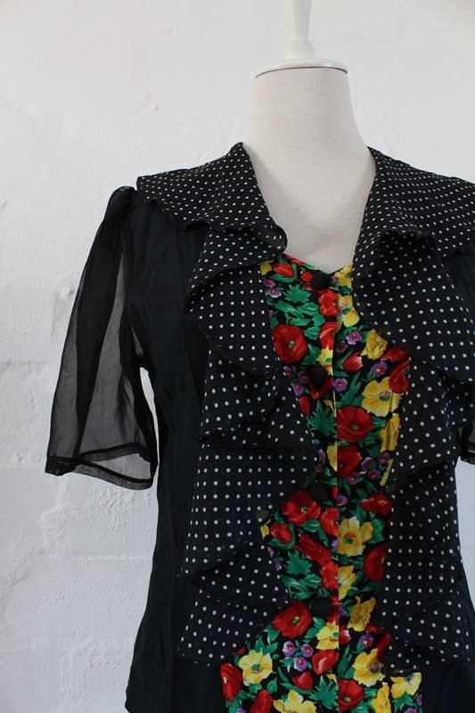 VINTAGE BLACK FLORAL POLKA DOT PRINTED BLOUSE SHIRT TOP - SIZE 8/10