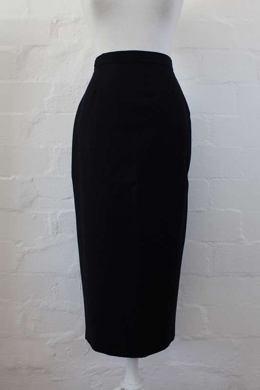 VINTAGE WOOL NAVY BLUE HIGH WAIST PENCIL MIDI SKIRT - SIZE 8