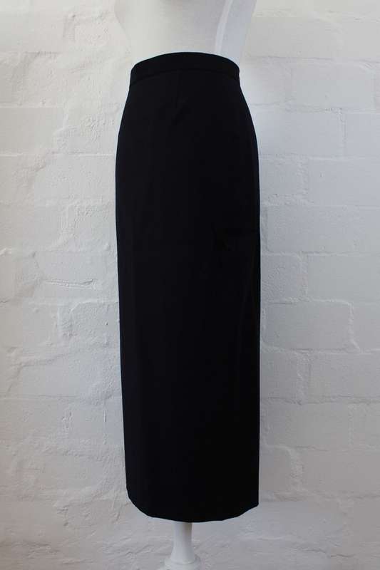 VINTAGE WOOL NAVY BLUE HIGH WAIST PENCIL MIDI SKIRT - SIZE 8