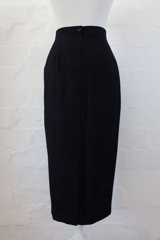 VINTAGE WOOL NAVY BLUE HIGH WAIST PENCIL MIDI SKIRT - SIZE 8
