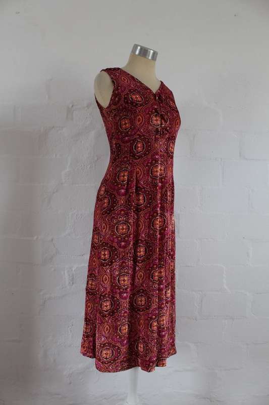 VINTAGE VELVET PINK ORANGE PRINTED DRESS - SIZE 8