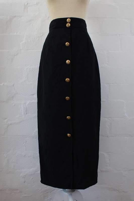 VINTAGE BLACK BUTTON DOWN MAXI SKIRT - SIZE 8