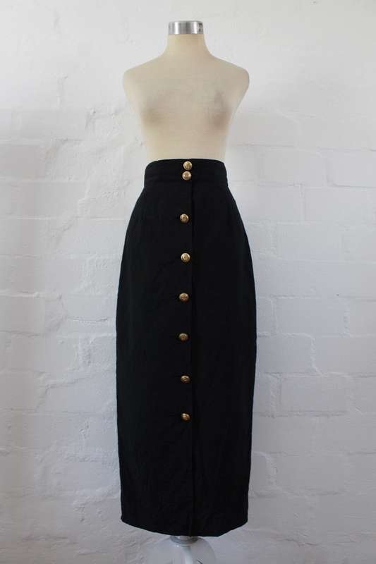 VINTAGE BLACK BUTTON DOWN MAXI SKIRT - SIZE 8