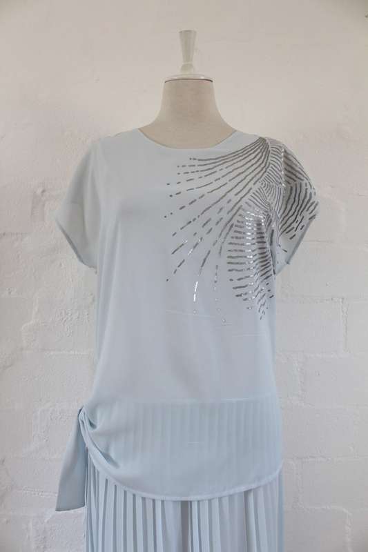 VINTAGE BABY BLUE SILVER PRINT DROP WAIST PLEATED DRESS - SIZE 12