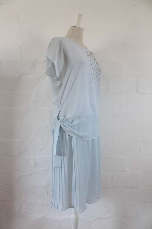 VINTAGE BABY BLUE SILVER PRINT DROP WAIST PLEATED DRESS - SIZE 12