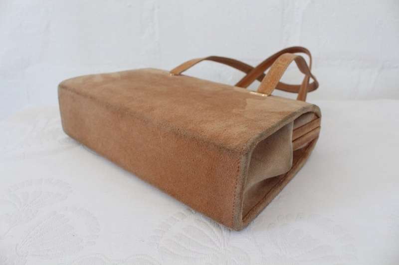 VINTAGE GENUINE SUEDE LEATHER TAN BROWN BOX HANDBAG BAG