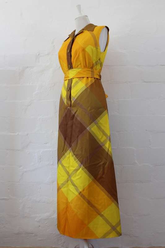VINTAGE YELLOW TARTAN PLAID PRINT TIE WAIST MAXI DRESS - SIZE 12