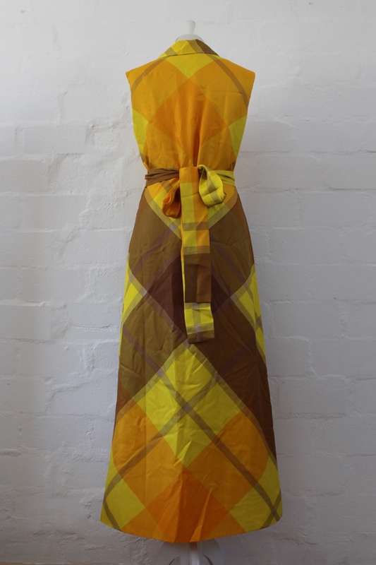 VINTAGE YELLOW TARTAN PLAID PRINT TIE WAIST MAXI DRESS - SIZE 12