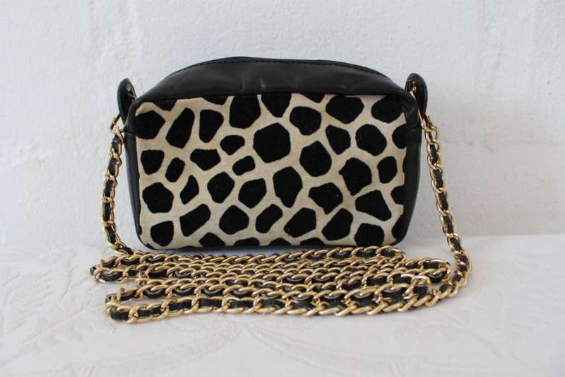 MINI VINTAGE ANIMAL PRINT BLACK GENUINE LEATHER CHAIN SLING BAG PURSE