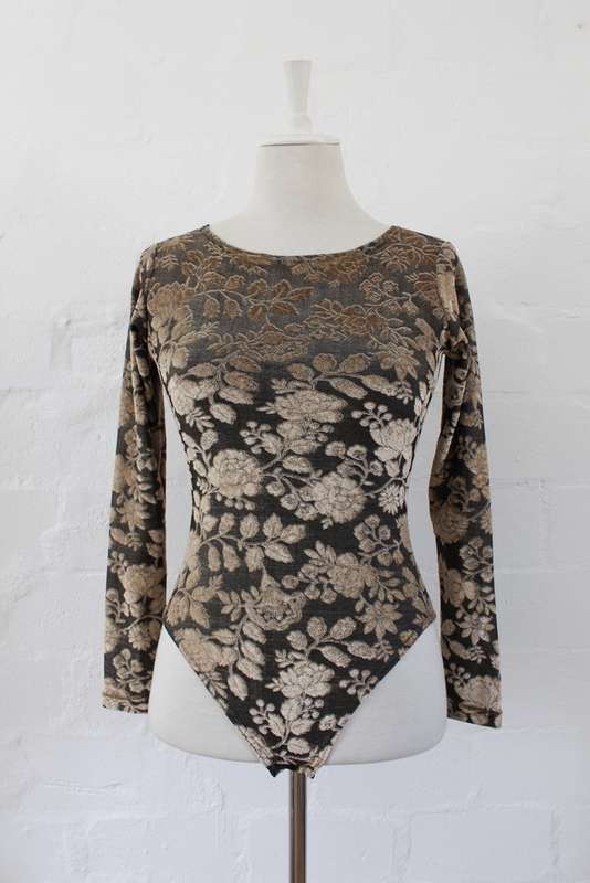 VINTAGE GOLD BLACK FLORAL VELVET LONG SLEEVE BODYSUIT TOP - SIZE S