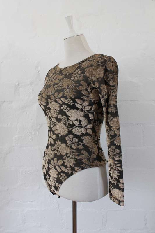 VINTAGE GOLD BLACK FLORAL VELVET LONG SLEEVE BODYSUIT TOP - SIZE S