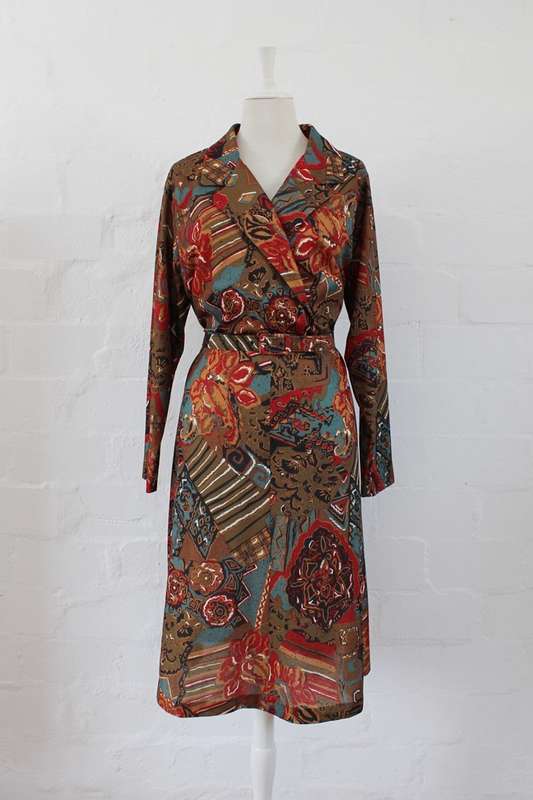 VINTAGE BROWN PRINTED BELTED LONG SLEEVE DAY DRESS - SIZE 16